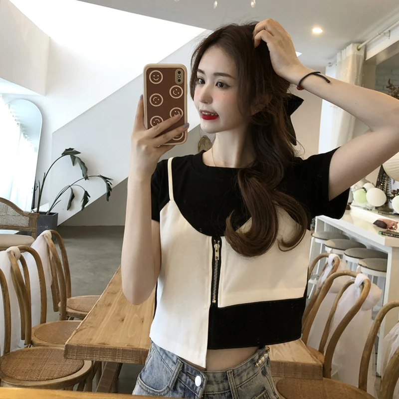 

Woman Tshirts New Trendy Thin Section Fake Two-piece Design Niche Short-sleeved T-shirt Female Korean Style Short Top