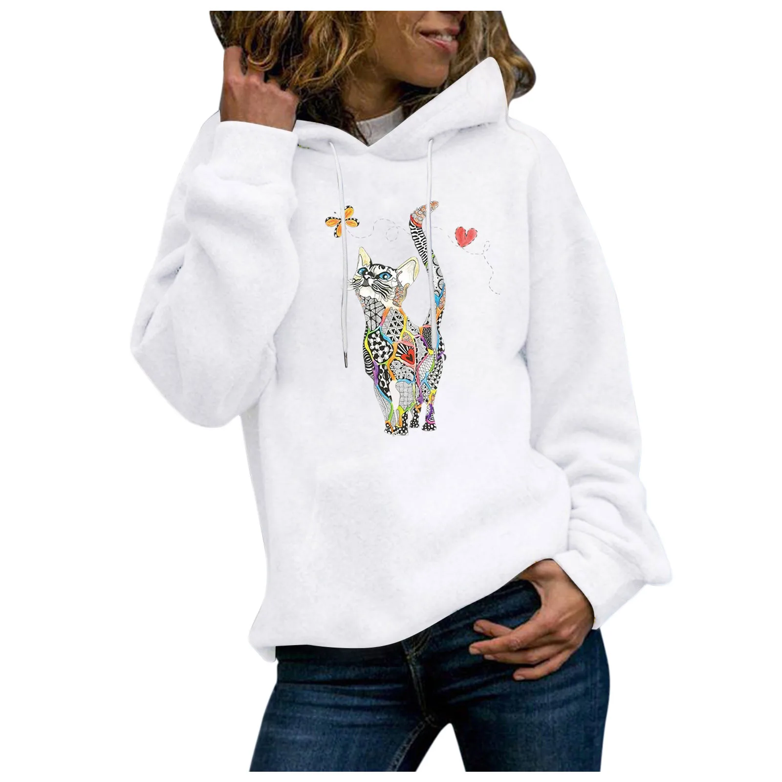 59# Women Fashion Tops Blouse 2021 Lady Long Sleeve Cat Print Hoodie Sweatshirt Jumper Hooded Pullover Solid Color Blouse