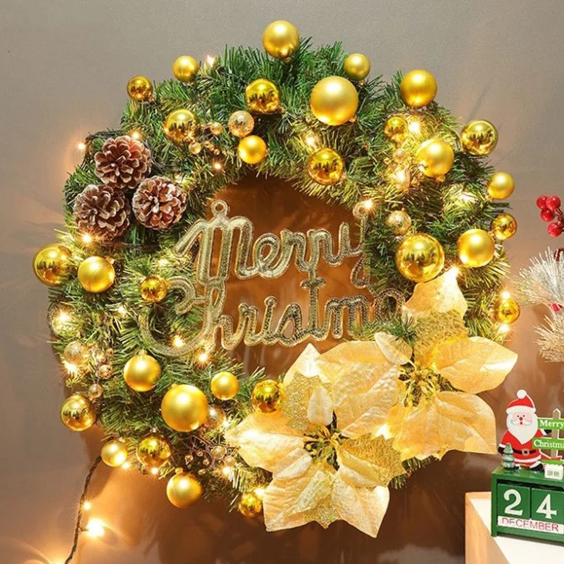 

40cm Lighted Christmas Wreath With Flower Pine Cones And Decorative Ball Front Door HG99
