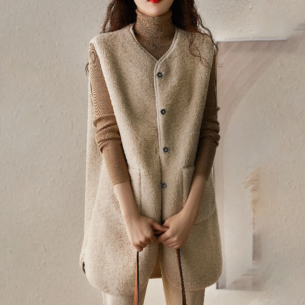 

Женский свободный плюшевый жилет средней длины, модная однобортная Милая зимняя женская одежда в Корейском стиле, красивые и милые топы