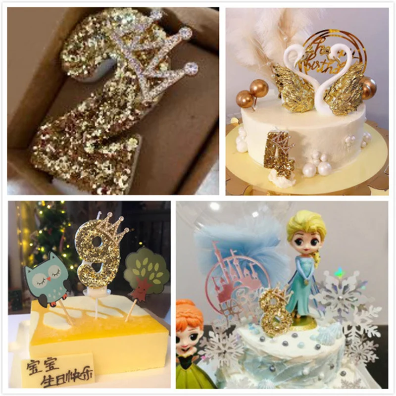 

Glitter Crown Number Cake Toppers Birthday Baby Shower Wedding Digital Bling Candles Cakes Dessert Decoration