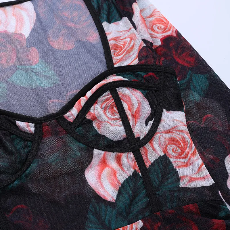 

Women Dress Square Collar See Through Mesh Floral Print Club Party Fashion Elegant Long Sleeve Sexy Dresses 2021 New