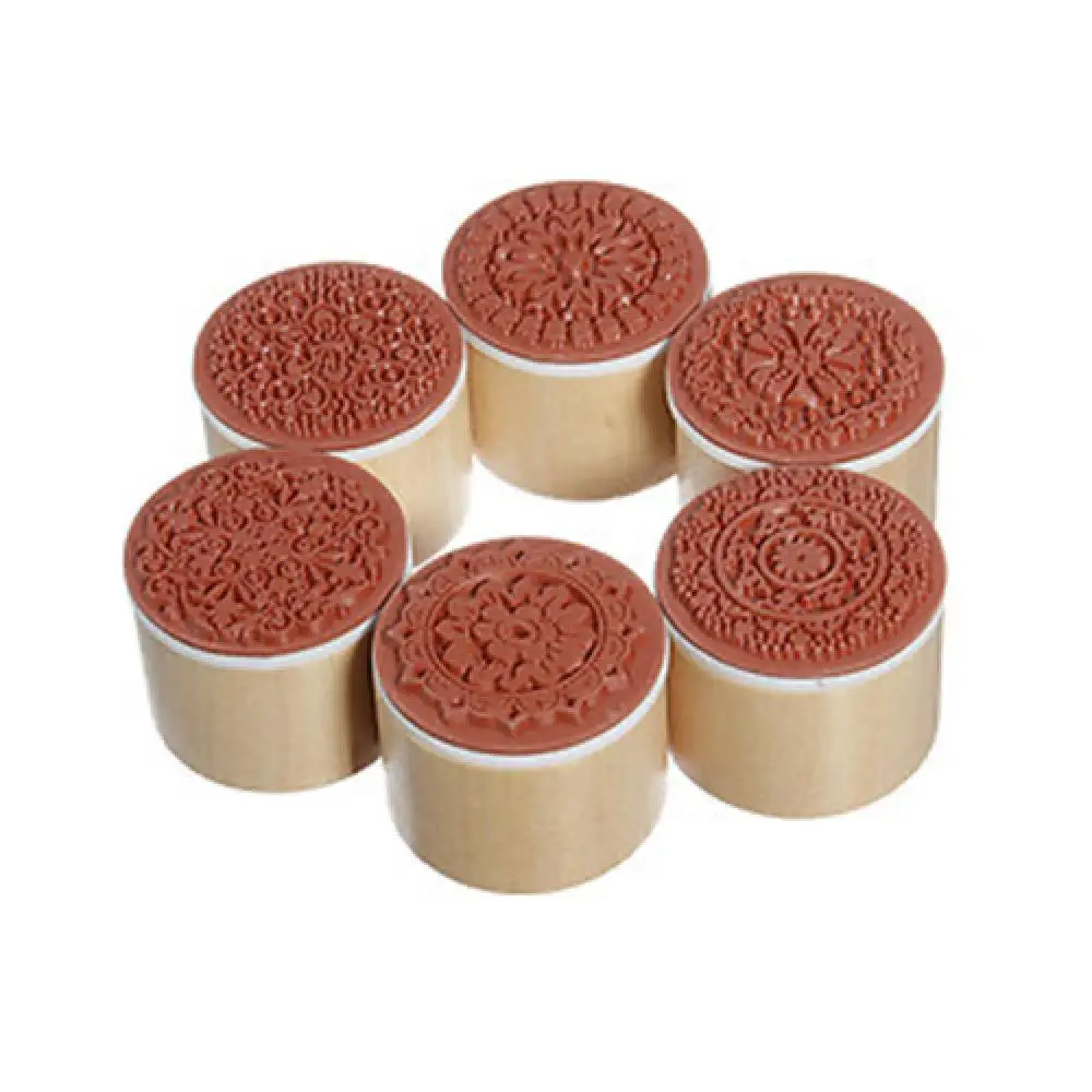 

6 Pcs Retro Vintage Floral Pattern Round Wooden Rubber Stamp Scrapbook Craft