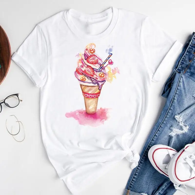 

Women Graphic Cartoon Ice Cream Sweet Trend Beach Short Sleeve Summer Fashion Print Female Clothes Tops Tees Tshirt T-shirt