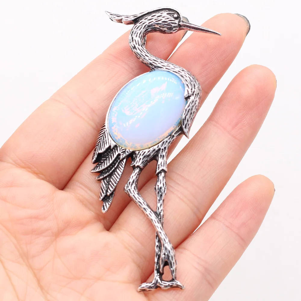 

Natural Stone Agates Ostrich Shape Shell Amethysts Opal Tiger Eye Malaysian Jades Brooch Pins for DIY Women Gift Size 30x80mm