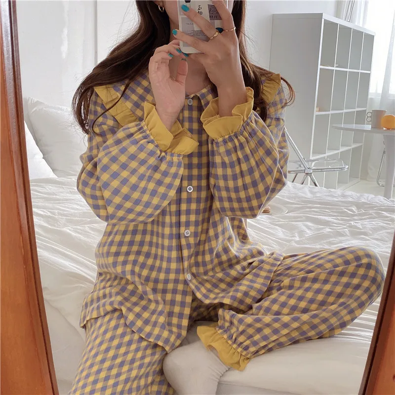 

Pyjamas Women Soft Cotton Home Wear 2021 Autumn Winter Pijama Female Pants Suit Lapel Plaid Pajamas Set Sleepwear