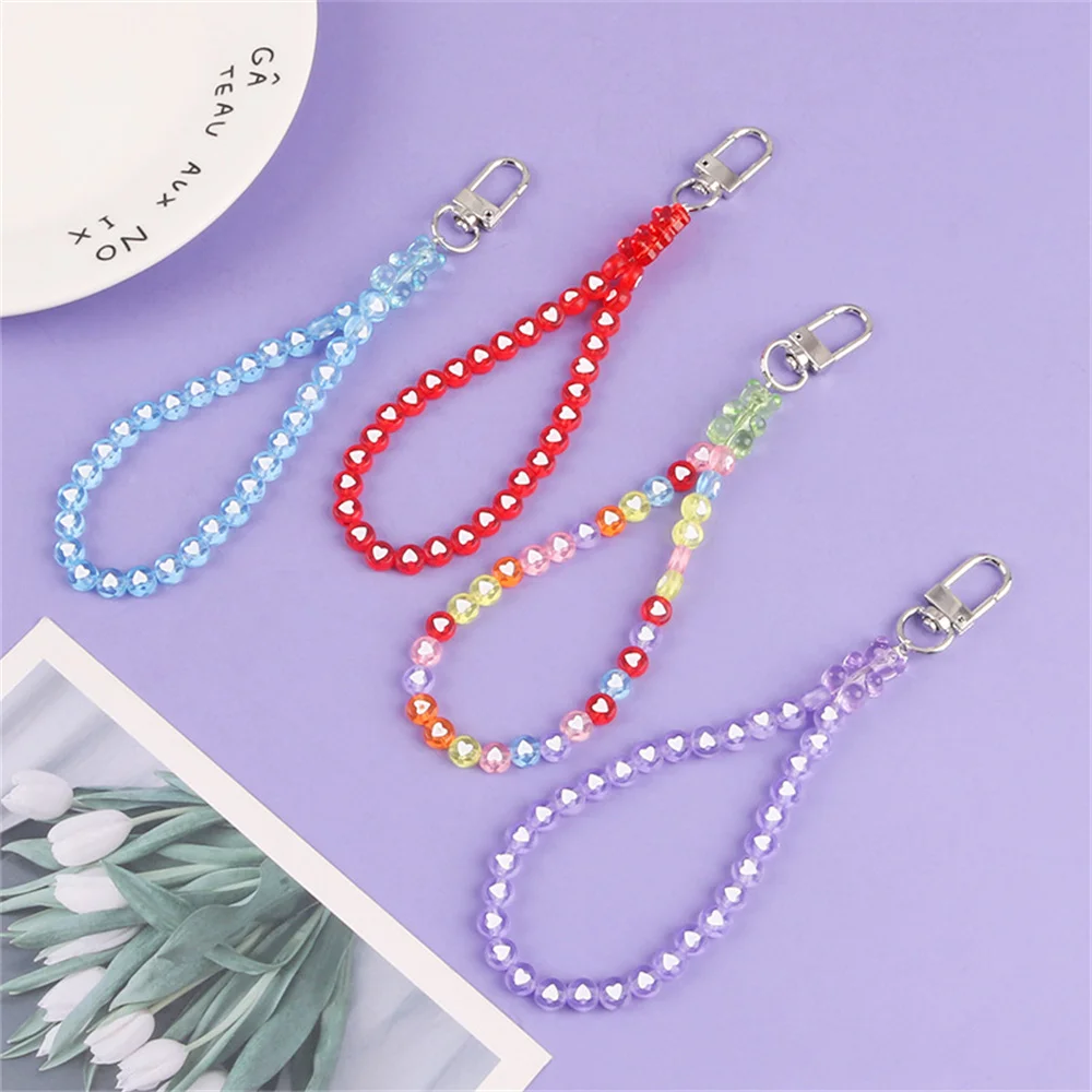 

Cute Round Heart Bead Chain Keyring Pendant Candy Color Bear Acrylic Keychains Accessories Women Couple Bag Airpods Key Holder