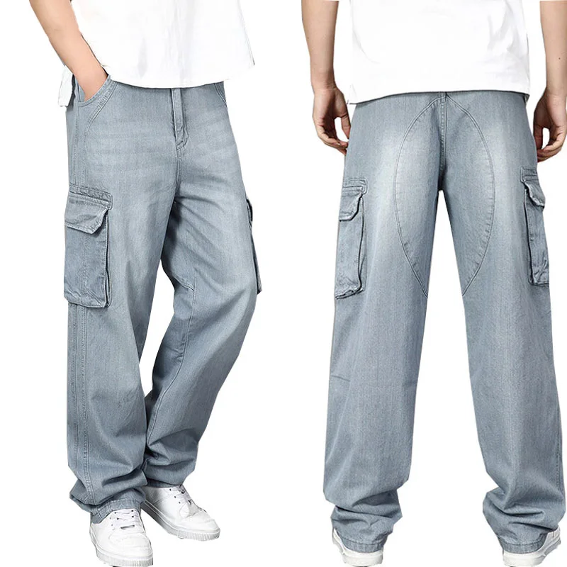

Мужские джинсы, джинсовые брюки, мужские свободные прямые джинсы в стиле хип-хоп со множеством карманов, серые джинсовые брюки, размеры 30 46, джинсы для мужчин