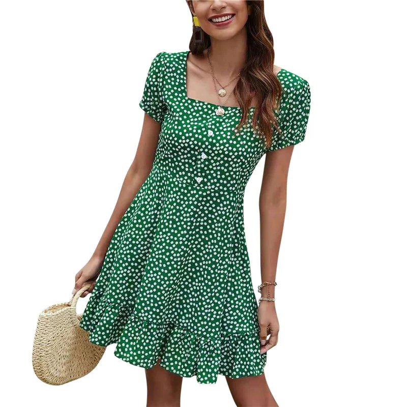 

Women Summer Floral Dress, Adults Daisy Print Short Sleeve Square Collar Button