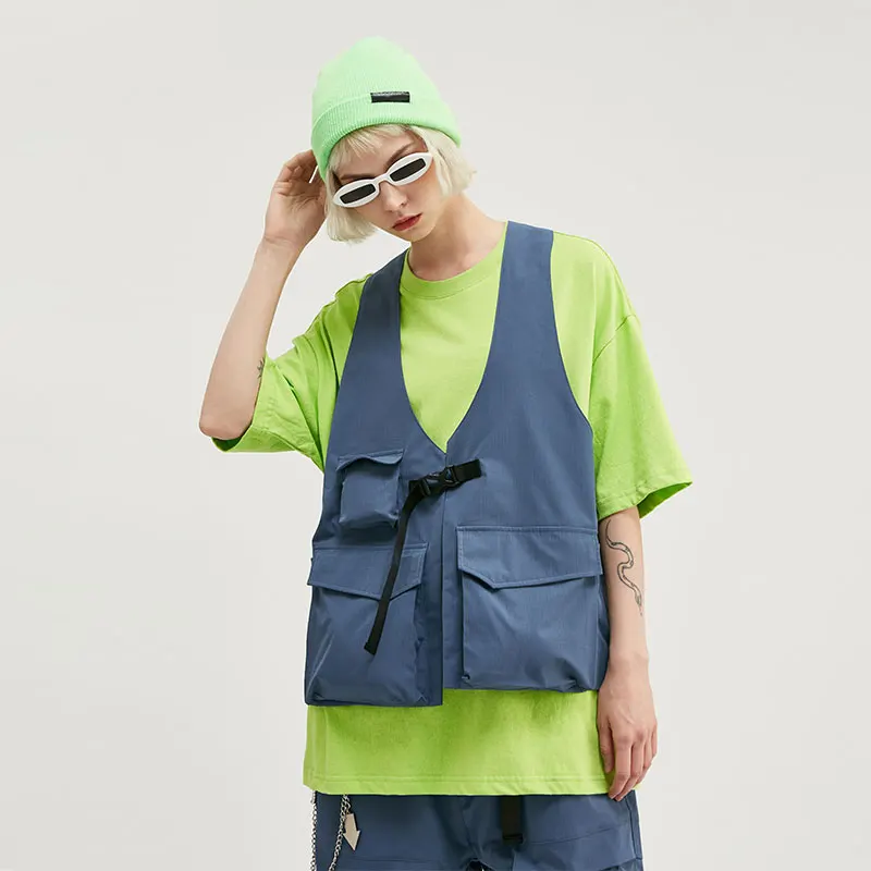 Жилетка мужская однотонная с множеством карманов модная уличная одежда для