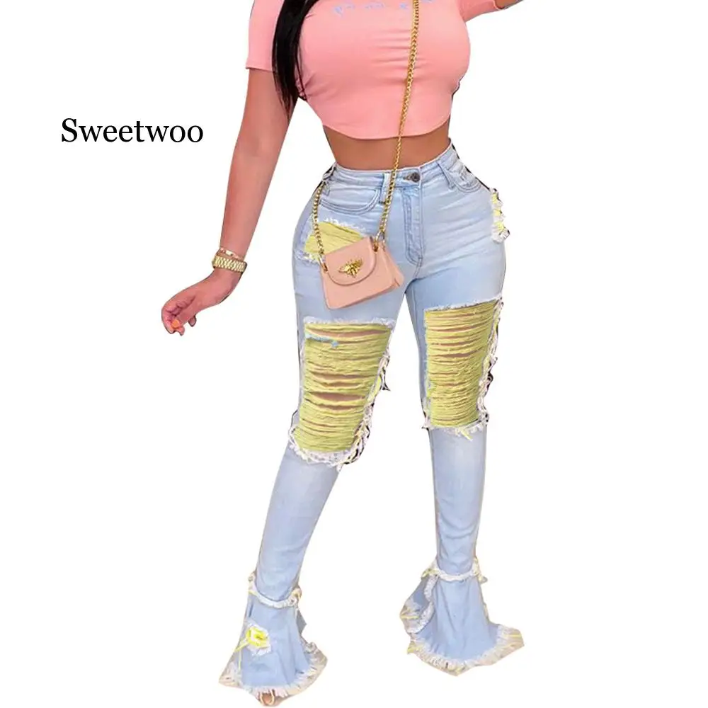 

Print Ripped Jeans for Women Hole High Waist Bell Bottom Flare Jeans Skinny Trousers Vintage Stretch Flare Denim Pants