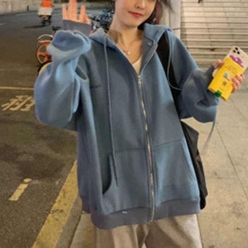 

Hooded Sweatshirt Lady zip-up Women Korean Style hoodies Vintage Solid Color Long Sleeve Women Casual Large Coats