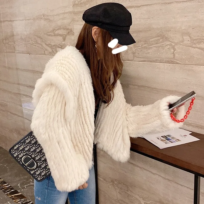 knitted Genuine Rabbit fur coat women fashion long rabbit fur jacket Outwear winter fur coat Free shipping