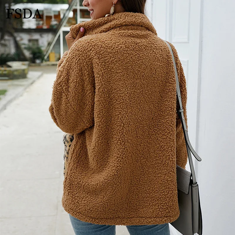 

FSDA Leopard Patchwork Pocket Women Fur Jacket Coat Fluffy Teddy Winter Autumn Zipper 2019 Warm White Blue Jacket