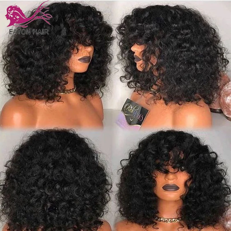 en Ucuz Eayon 200 Yoğunluk Siyah Kadınlar Için Insan Saçı Peruk Kıvırcık Brezilyalı Remy Kıvırcık Peruk Patlama Ile Kafa Derisi üst Makine Yapımı Peruk