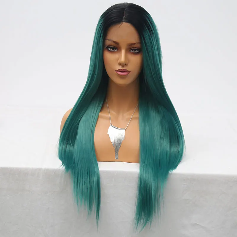 Synthetic 13*3 Lace Front Wig Black Roots Ombre Dark Green Silky Straight Heat Resistant Fiber Hair Middle Parting For Women | Шиньоны и