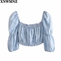 xnwmnz 2021 linen blend crop top girl woman elegant straight neckline short sleeve elastic trims tops vintage chic woman blouse