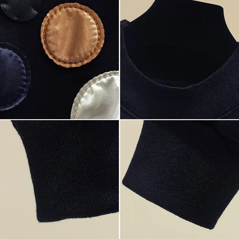 

Winter Black Patchwork Hoodies Round Neck Long Sleeve Dot embroidery Sweatshirts Women Loose Hoodies Female Casual Coat