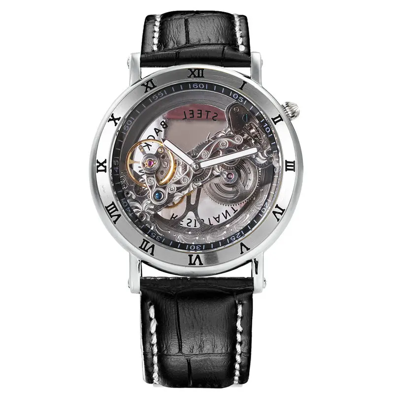 BLACK SILVER Роскошные модные мужские часы механические часы автоматический Золотой мост ремешок из натуральной кожи римские цифры платье наручные часы - Цвет: BLACK SILVER