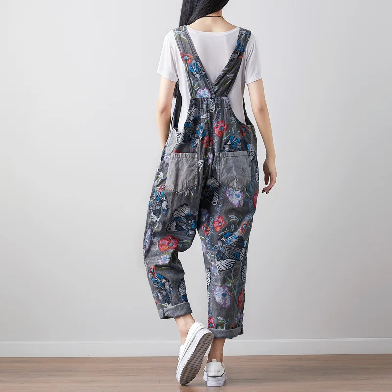 

2021 Summer New Women Jumpsuits Vintage Print Floral Dark Gray Denim Pockets Patchwork Large Size Women Jumpsuits