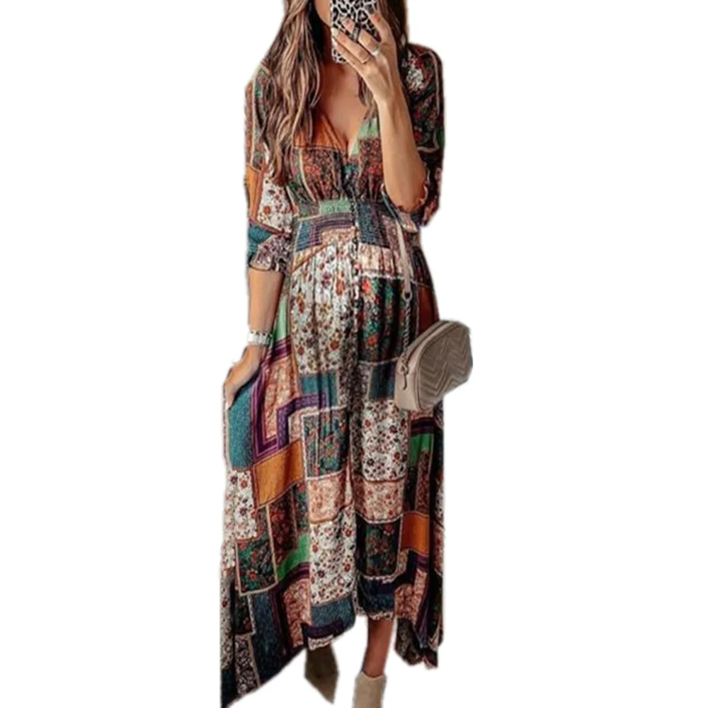 

Maternity Maxi Dress Bohemian Style Pregnancy Clothes Printing Folding Plicing Long Elegant Dress For Pregnant Women Plus Size
