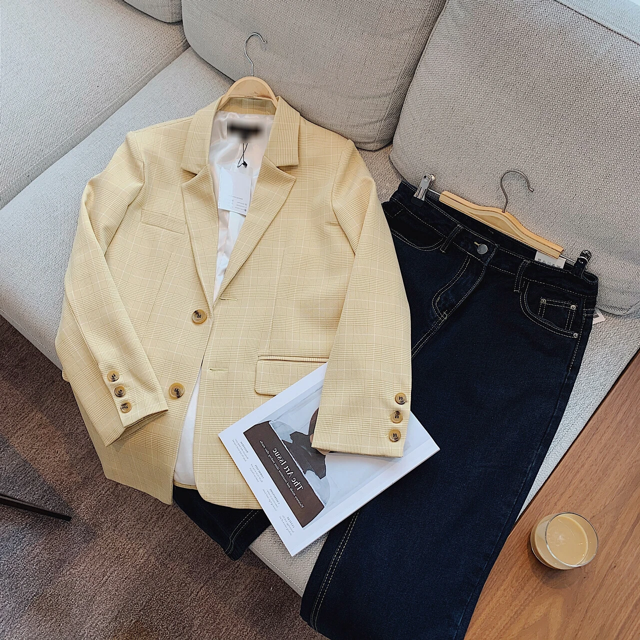 

Women's Plaid Casual Blazers Suit Spring Office Long Sleeve Double Breasted Female Korean Jacket Coat Checkered Top Chic Vintage