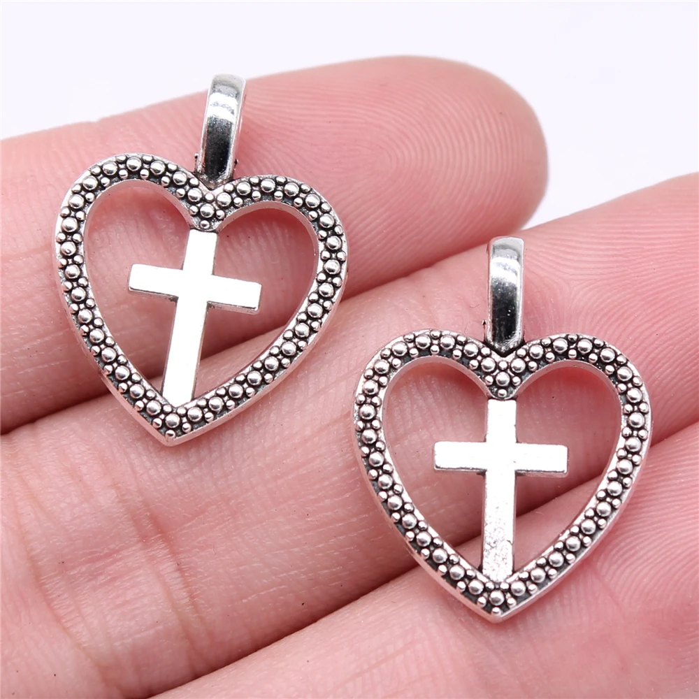 

WYSIWYG 10pcs Charms 24x18mm Cross Heart Charms For Jewelry Making Antique Silver Color DIY Jewelry Findings Pendant