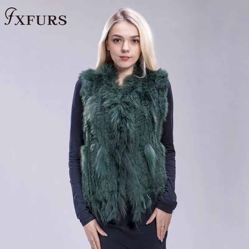 FXFURS из натурального кроличьего меха; вязаная жилетка; куртка из искусственного меха, красочные кролика, енота меховая вязаная жилетка 16 Цвета