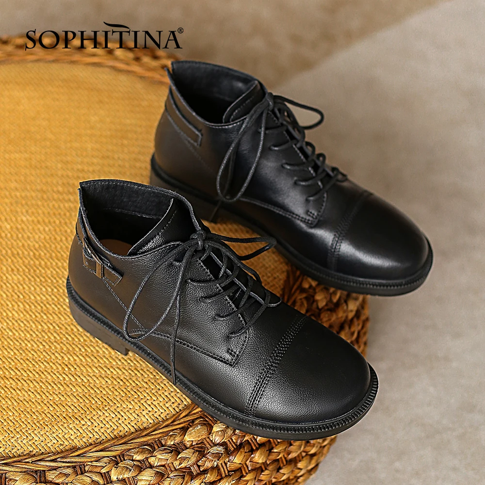 Online Sepatu Bot Pergelangan Kaki Kasual SOPHITINA Sepatu Bot Ujung Bundar Kulit Asli Hak Rendah Nyaman Sepatu Wanita Kantor Renda HO258