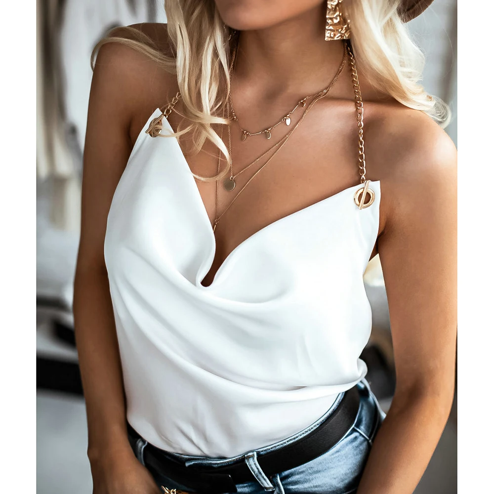 

Summer Women Sexy Crop Tops Ladies Sleeveless Chain Camis Tank Vest Female Summer Solid Color Sexy V-Neck Crop Tops Streetwear