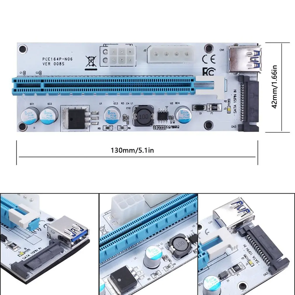 

6PCS VER008S 3 In 1 Molex 4Pin Sata 6PIN PCIe PCI-E PCI Express Riser Card 1x To 16x USB 3.0 Cable For Mining BTC Miner