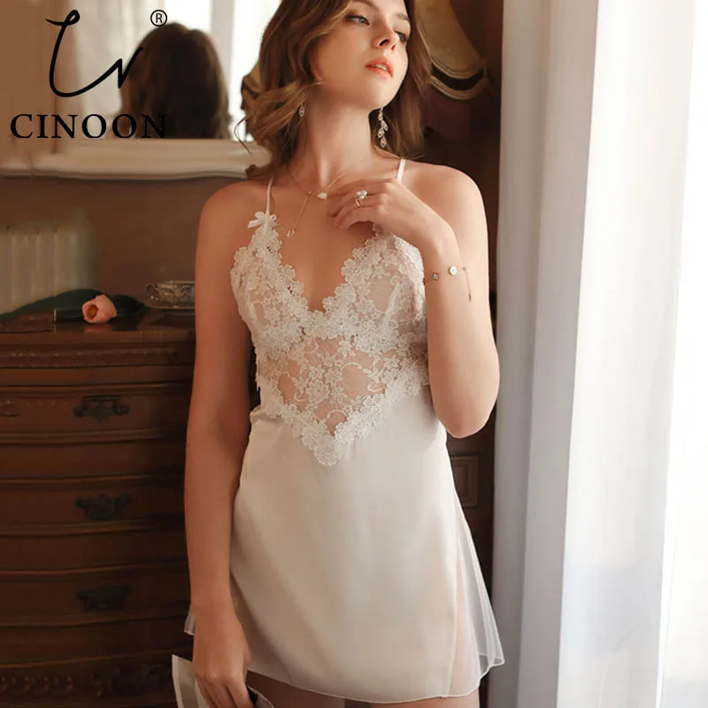 

CINOON Sexy Nightdress Deep V Lace Sleepwear Women Lingerie Silk Satin nightie Nightgown Sleeveless Sling Nightwear Home Dress