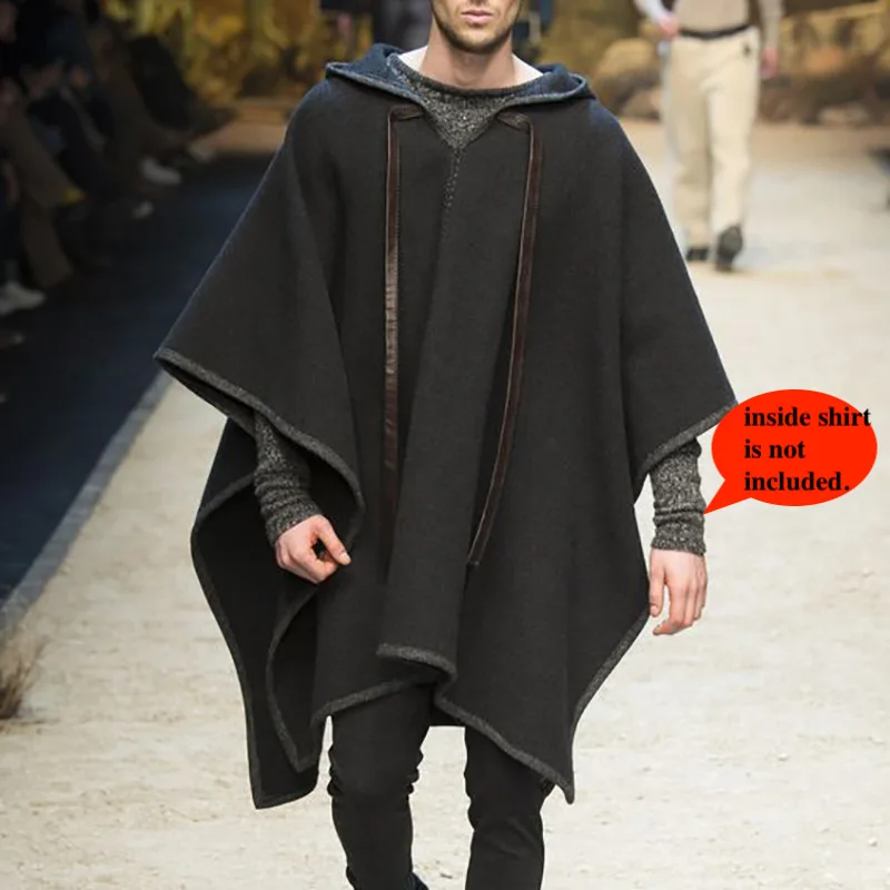 

Fashion Men Cloak Coats Cape Woollen Hooded Jackets Solid Color Streetwear Autumn Winter Poncho Irregular S To XXXL Overcoat