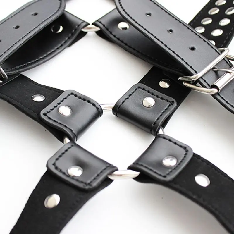 

Mens Sexy Body Bondage Cross Chest Harness Adjustable Buckle O-Rings Punk Faux Leather Shoulder Half Belt Rivets Studs Clubwear