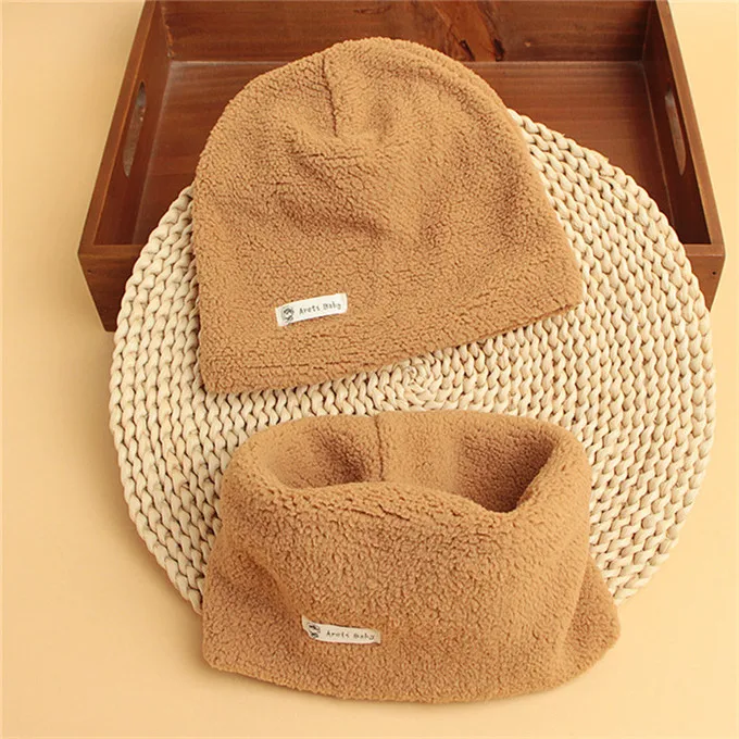 plush khaki Осенне-зимний Хлопковый вязаный детский комплект из 2 предметов, шапка с воротником для мальчиков и девочек, Одноцветный шарф, шапка, комплект из 2 предметов - Цвет: plush khaki