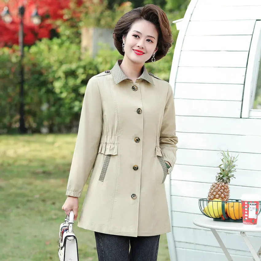 Тренч для зрелых женщин цвета хаки красный кофейный клетчатый узор отложной