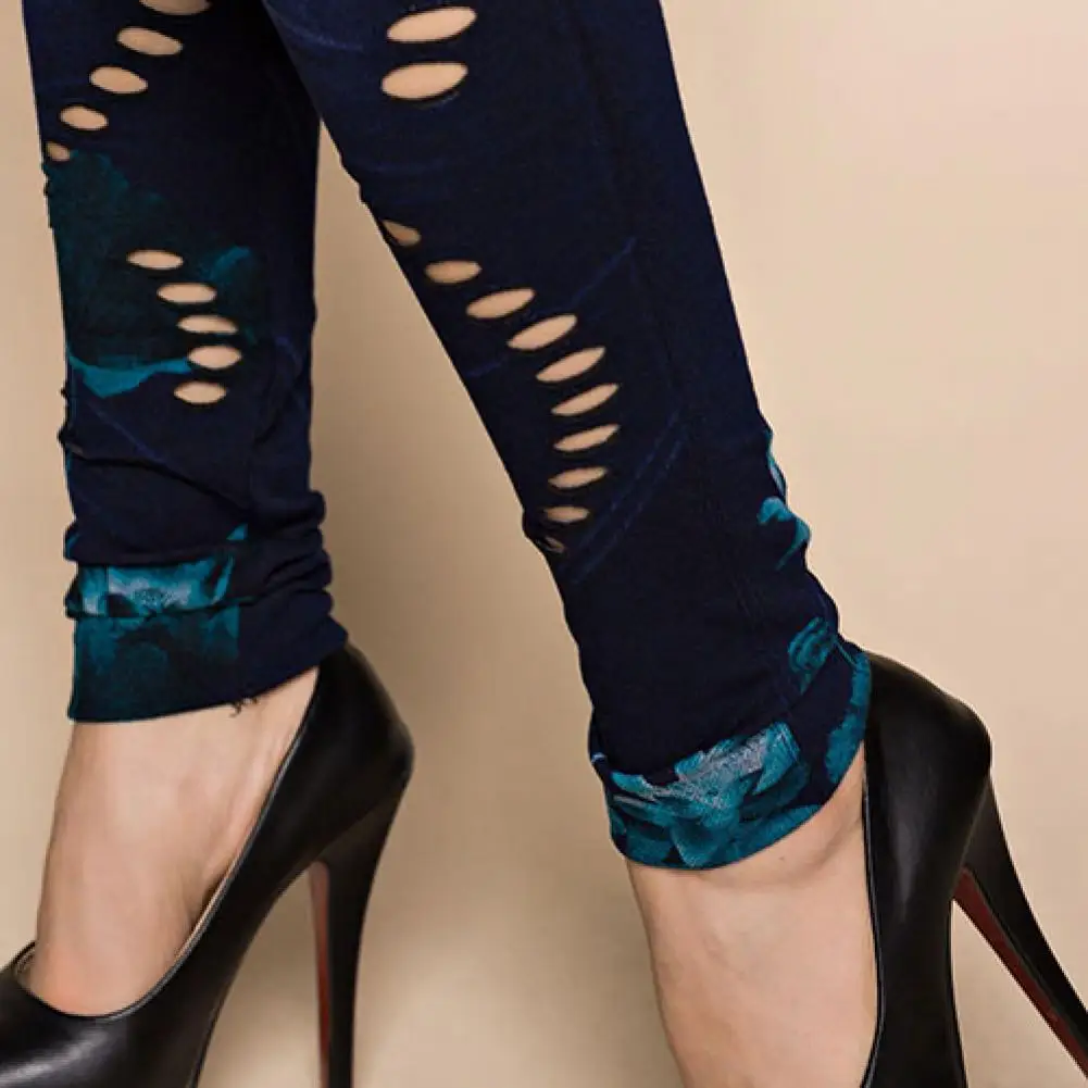 

Summer Women Sexy Hollow Cut Elastic Pants Flower Print Skinny Jeans Denim Leggings One Size