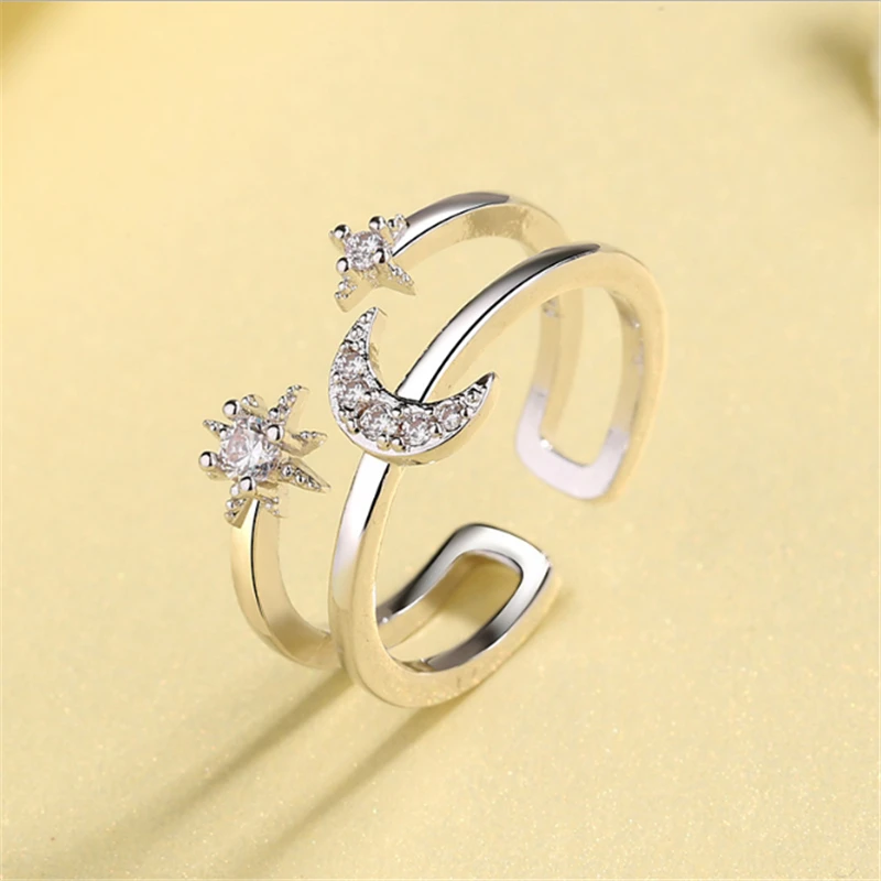 Новая коллекция кольцо с кубическим цирконием в виде Луны и звезды регулируемые