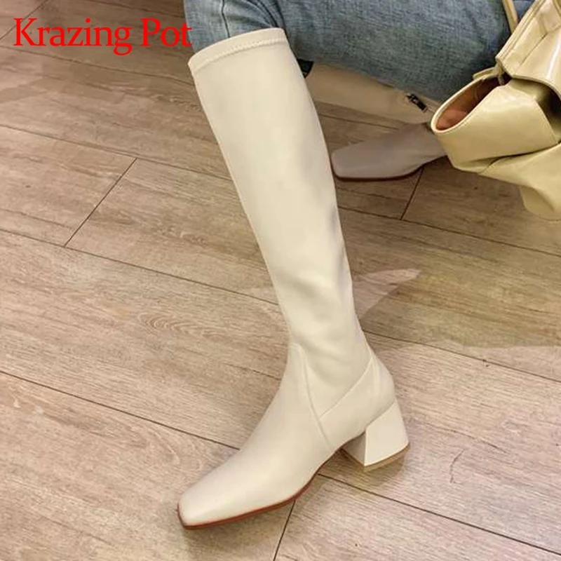 

Krazing pot genuine leather square toe high heel stretch boots French romantic beauty lady dance party cozy knee-high boots L07