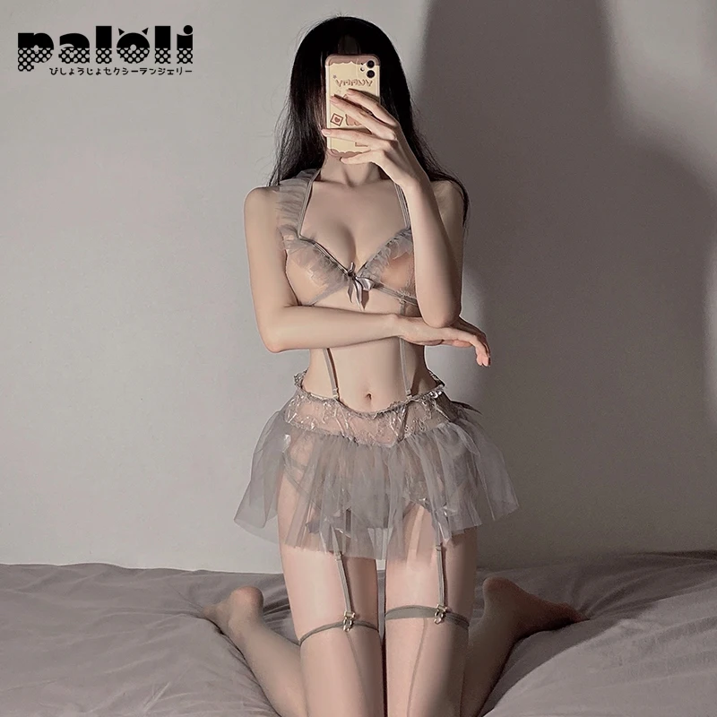 Женское сексуальное белье с цветочным узором, на шее, кружевное, комплект с лифчиком, прозрачное платье без спинки, подвязка для чулок, костюм для ролевых игр.