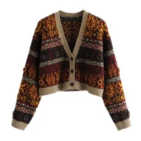 vintage 3d flower jacquard geometric knitted cardigan retro ugly sweater women single breast button long sleeve short jumper