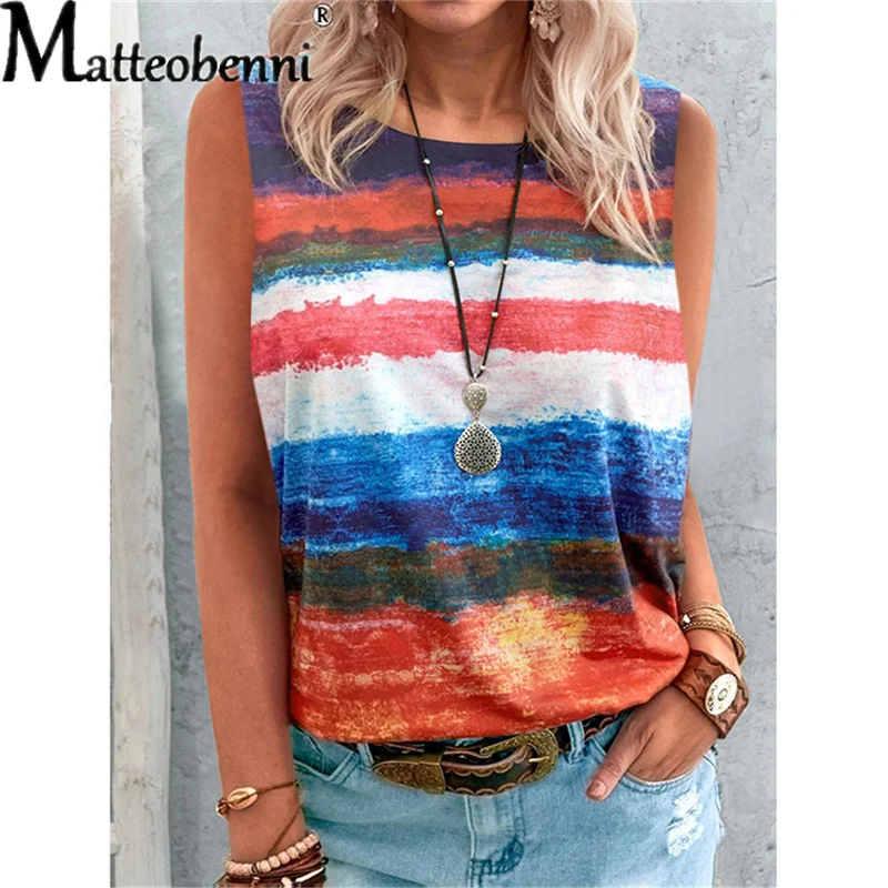 

Large Size Women T Shirts Fashion Loose Striped Print Sleeveless Tank T Shirt Tops 2021 New Summer Beach Party Casual Vest Tees