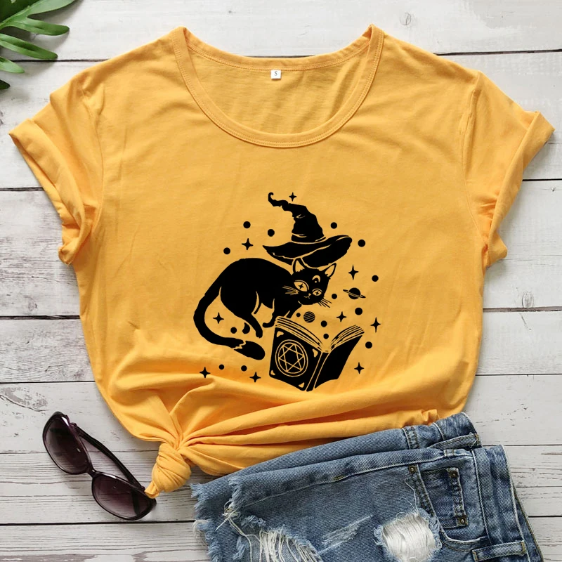 

Футболка в стиле ретро с изображением кота, ведьмы, книги для чтения, Wicca, футболка на Хэллоуин, топ в эстетическом стиле, подарок на Хэллоуин,...