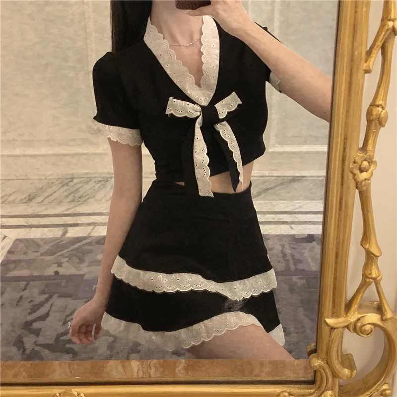 

2 Piece Sets Women Summer Bow Knot Short Tops Mini Cake Skirt Lace Trim Sweet Girl Female Two Piece Outfits Lolita Y2k Style