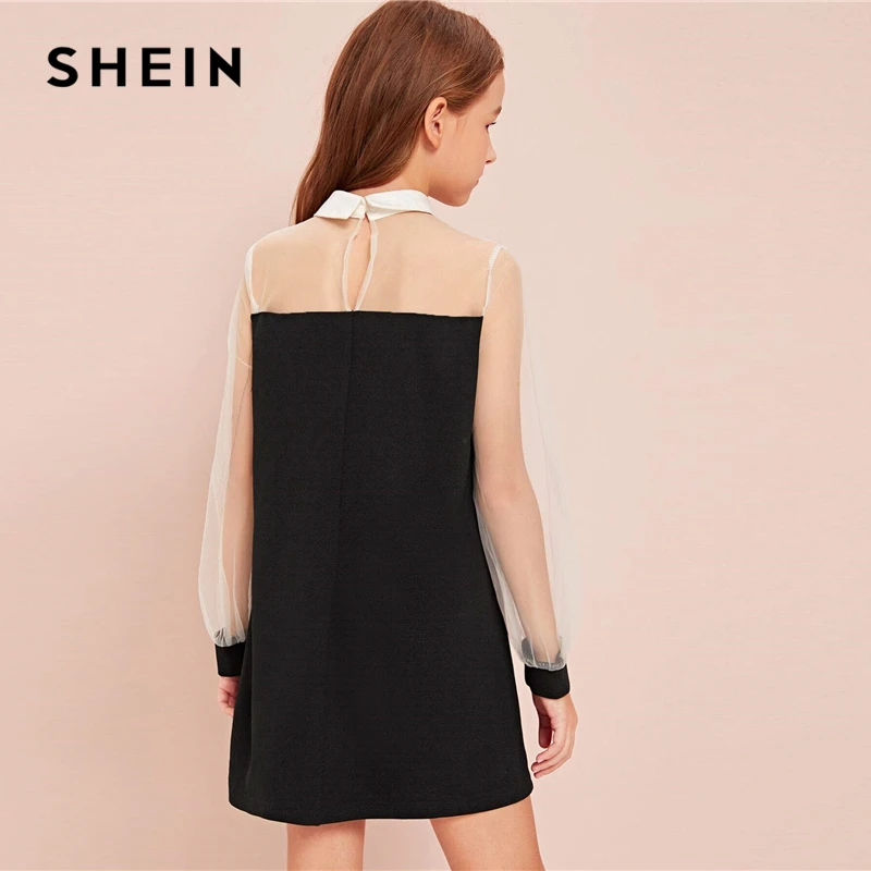 SHEIN Kiddie черный воротник бант спереди обувь для девочек консервативный дизайн платье осень контрастный сетчатый рукав пуговицы сзади линии Короткие милые платья