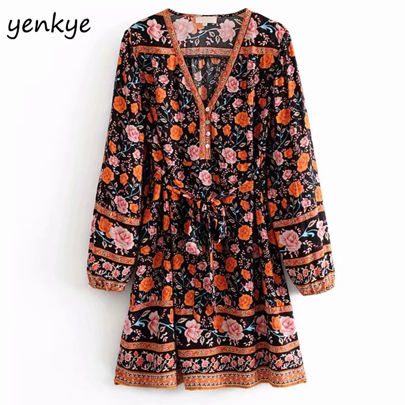 2019 женское винтажное платье с цветочным принтом и длинным рукавом v-образным
