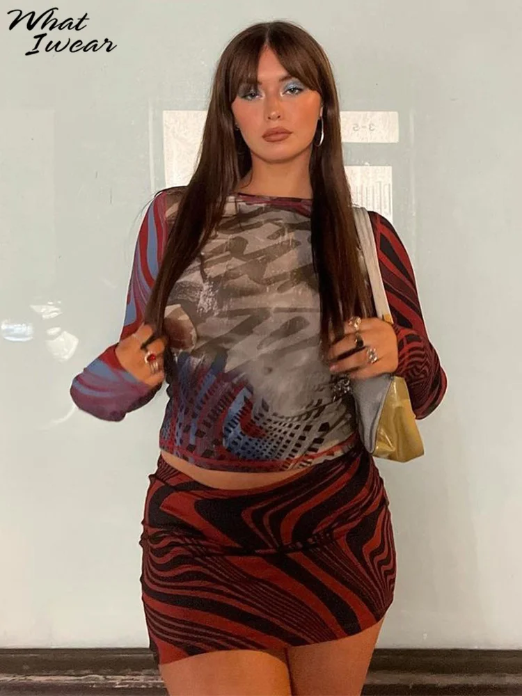 

Женский костюм из двух предметов Whatiwear, Осенний Топ с длинным рукавом и круглым вырезом и юбка мини, подходящий костюм, эластичный облегающи...