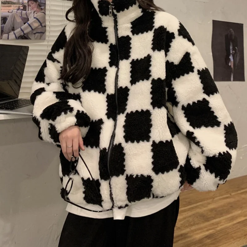 

Coat Fashion Autumn and Winter Women 2021 New Ins Fashion Checkerboard Imitation Lamb Wool and Plush Thickened Long Sleeve Top