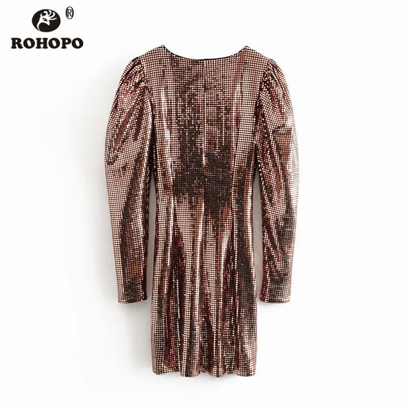 ROHOPO вечерние мини-платья с длинным рукавом металлического цвета блестками