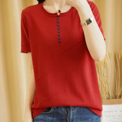 

2021 new fashion T-shirt womens knit sweater round neck solid color short sleeve